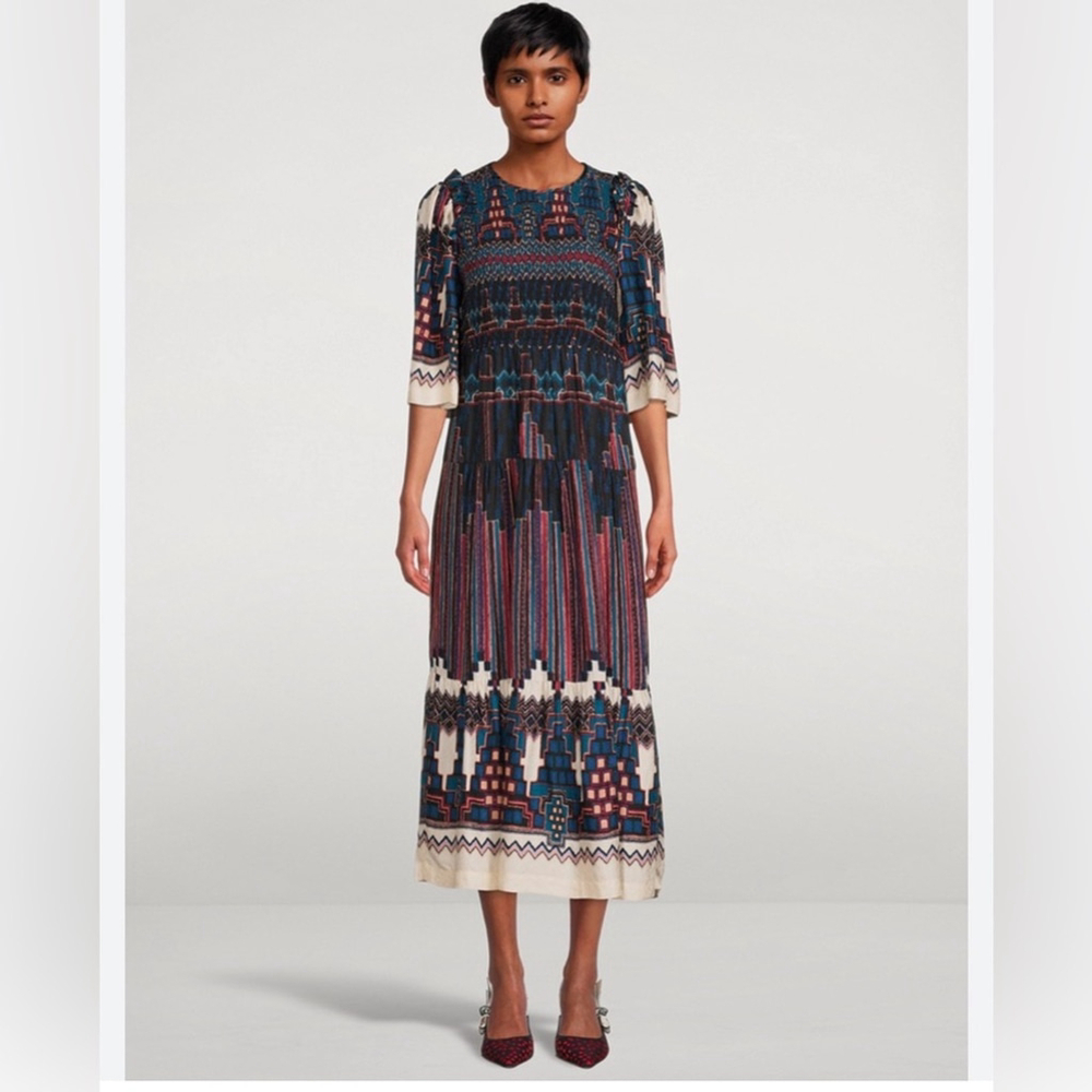 ba&sh Printed Midi Dress Mandie Smocked Geometric Print Boho 70s Inspired
